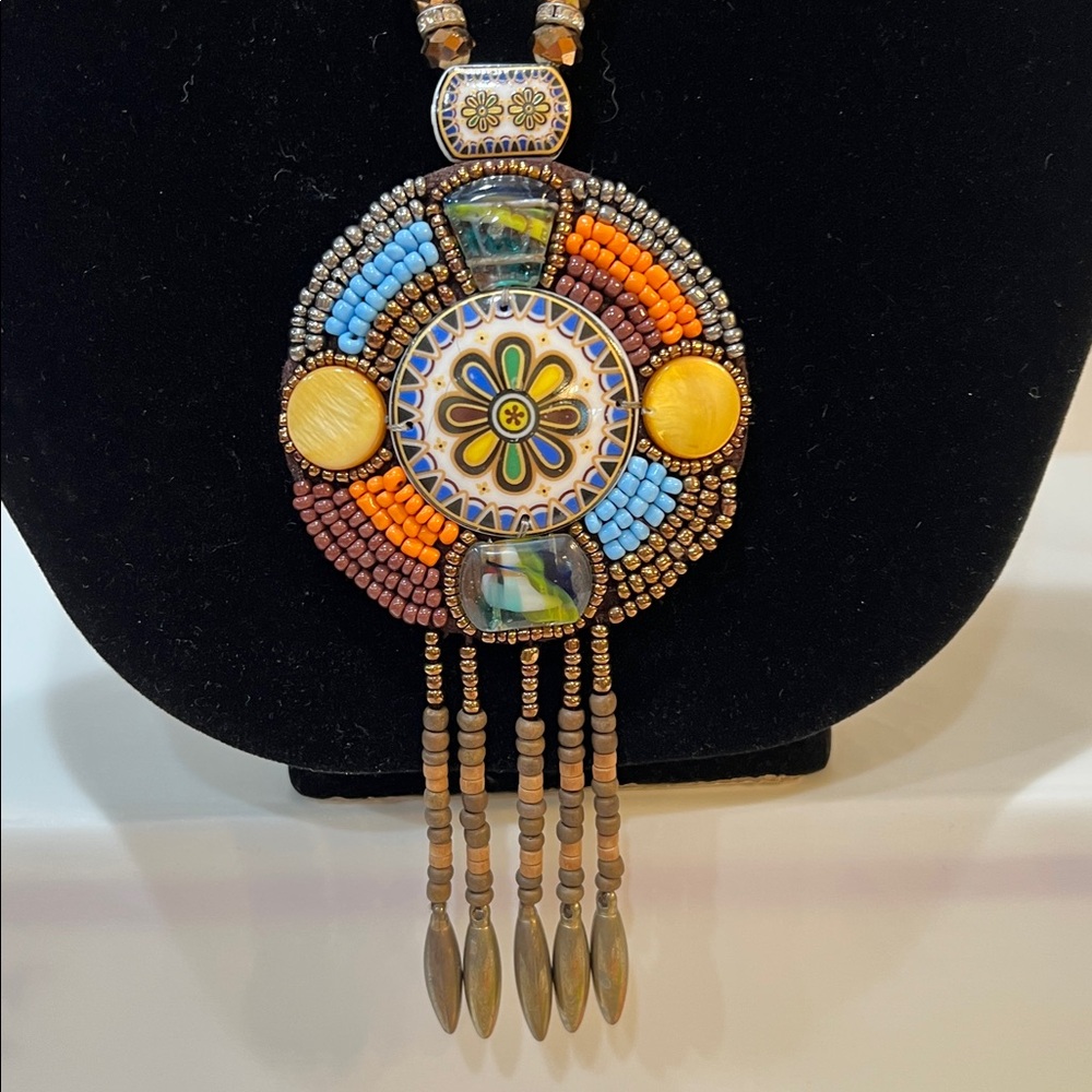 South West style long beaded medallion necklace